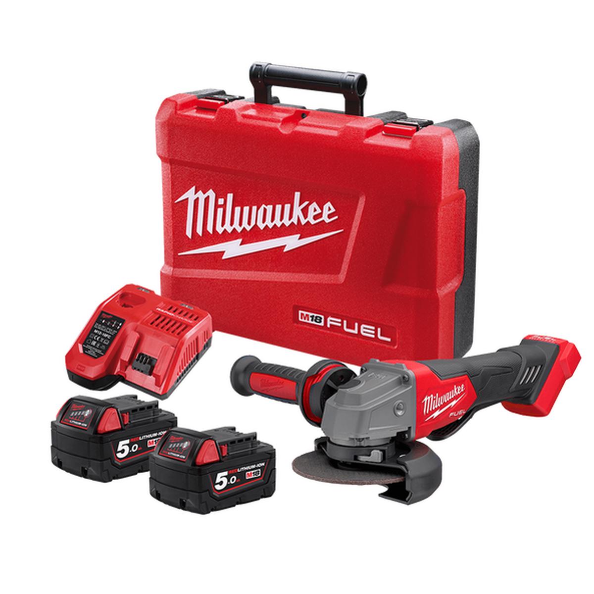 Milwaukee – M18 FUEL 125mm (5″) Angle Grinder with Deadman Paddle Switch Kit (2x 5.0Ah) | M18FAG125XPD-502C