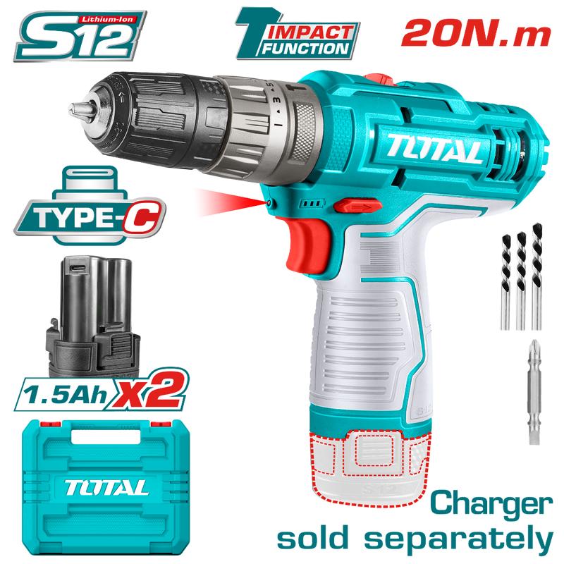 TOTAL 12V Cordless Impact Drill 20Nm 2 Batteries No Charger
