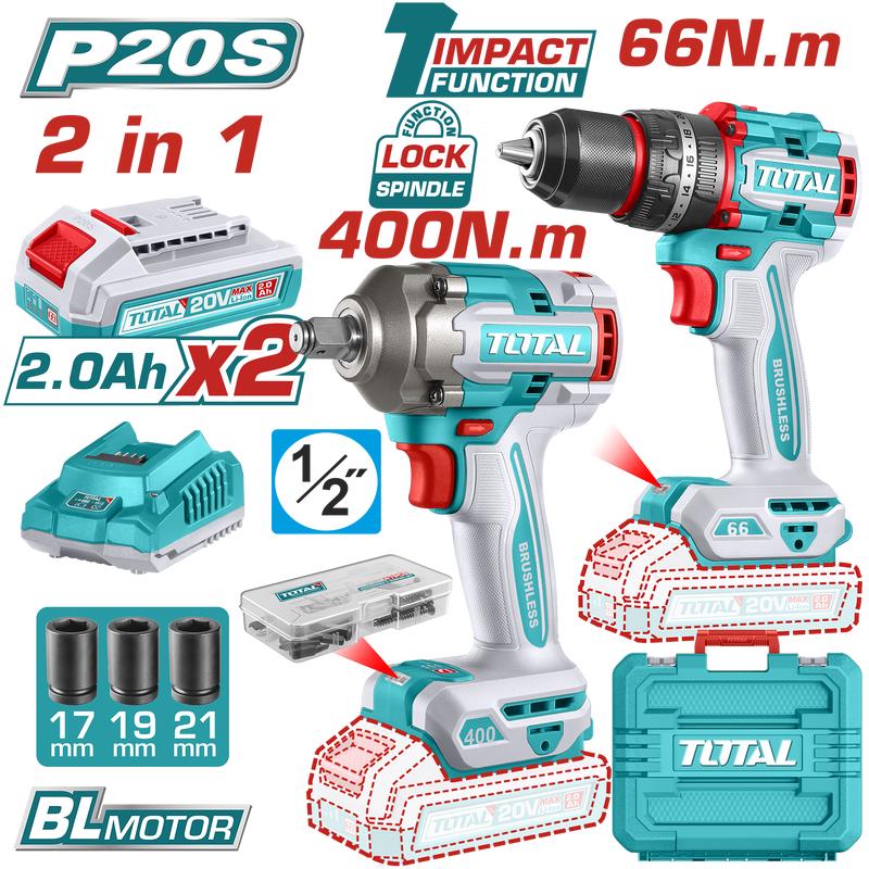 TOTAL 20V Combo Kit: Brushless Drill 66Nm & Wrench 400Nm