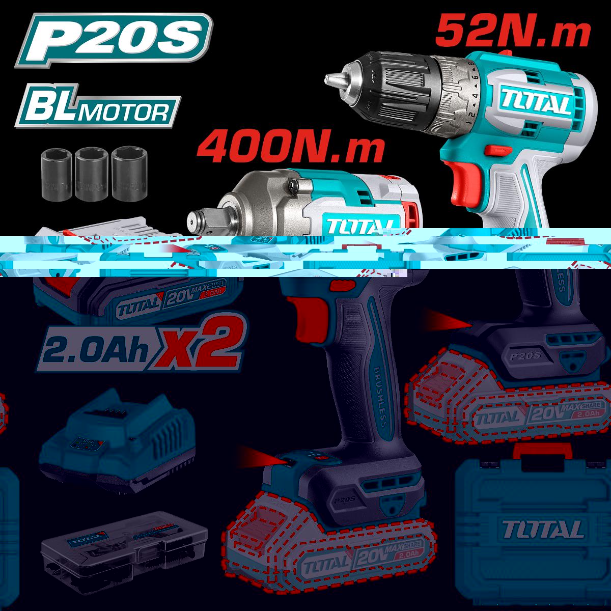TOTAL 20V Cordless 2 in 1 Combo Kit – Drill & Impact Wrench