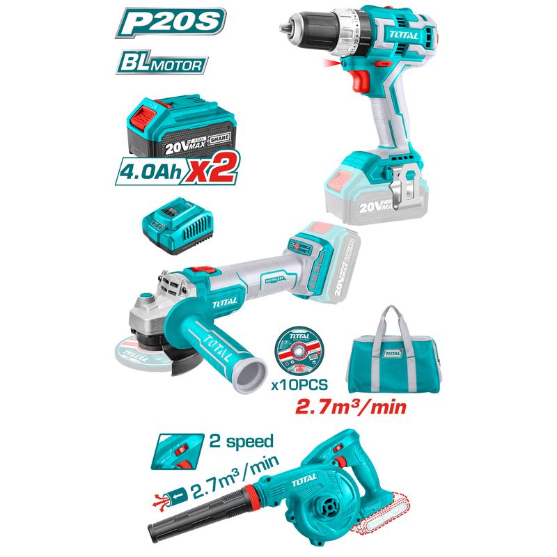TOTAL 20V Cordless 3 in 1 Combo Kit – Drill, Grinder, Blower