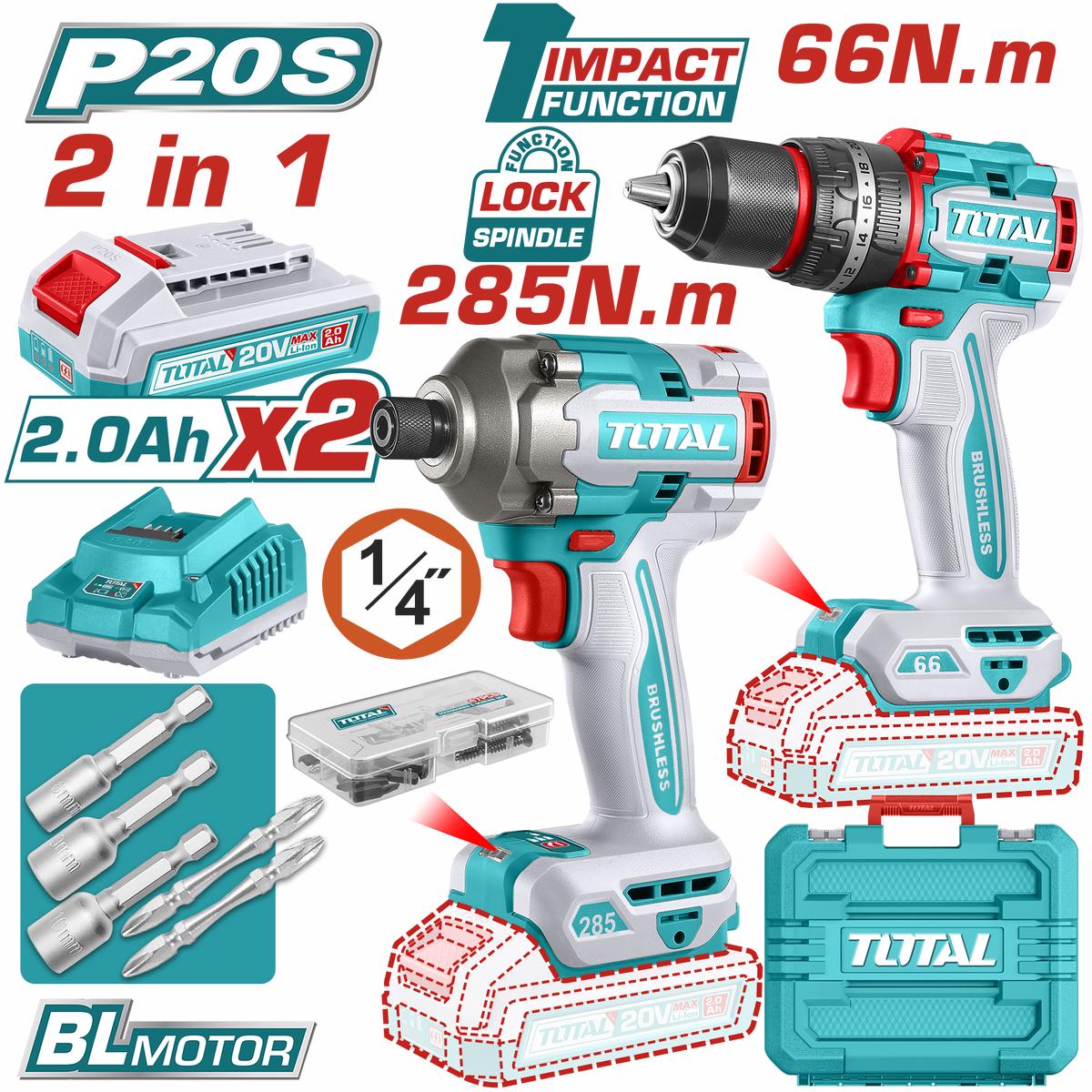 TOTAL 20V Cordless Drill & Impact Driver Kit | Brushless