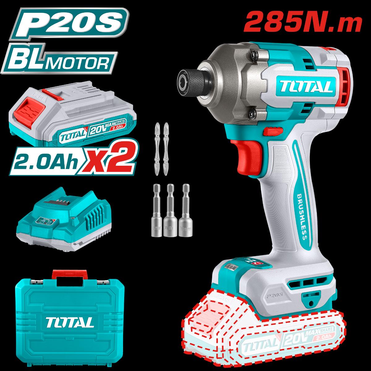 TOTAL 20V Cordless Impact Driver – 285Nm Torque, 2 Batteries