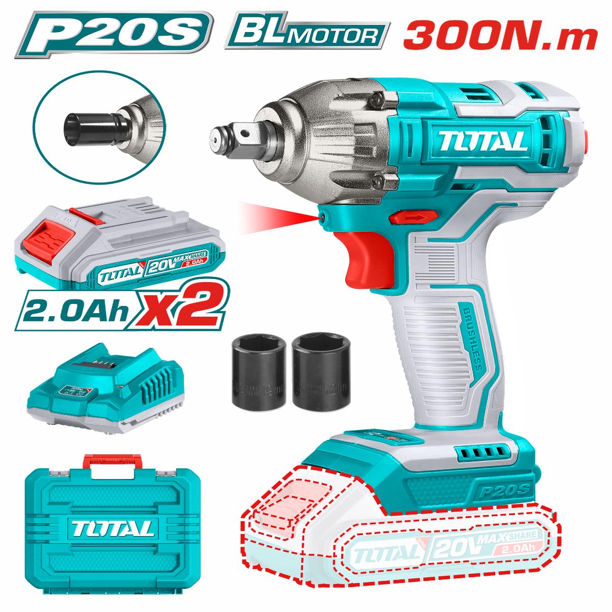 TOTAL 20V Cordless Impact Wrench - 300Nm Torque, 2 Batteries