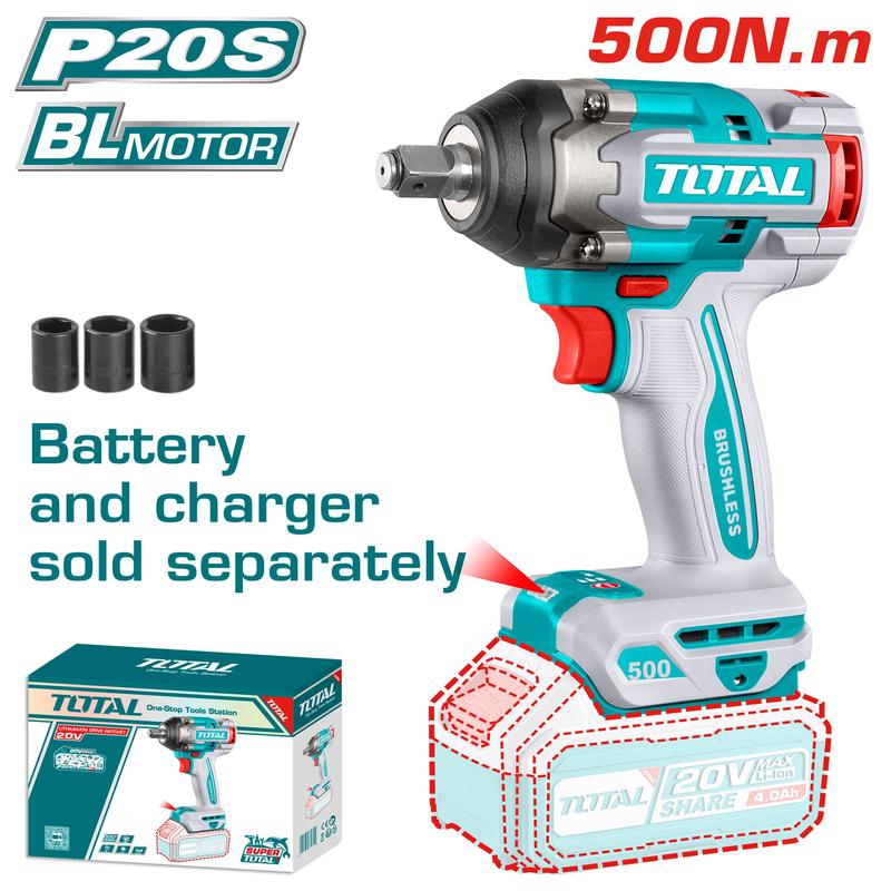 TOTAL 20V Cordless Impact Wrench – 500Nm, No Battery/Charger