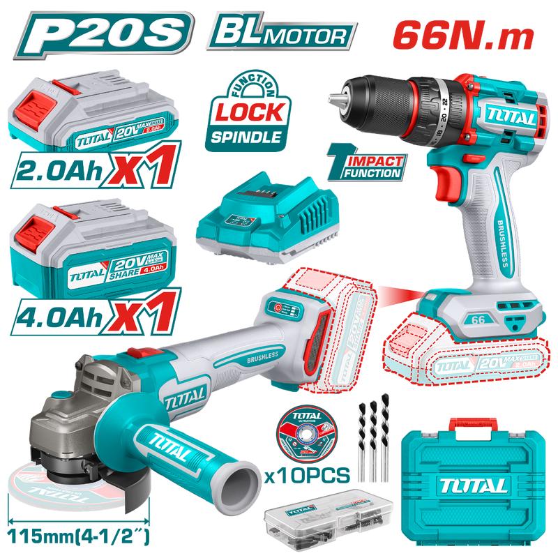 TOTAL 20V Cordless 2-in-1 Combo Kit – Impact Drill & Grinder