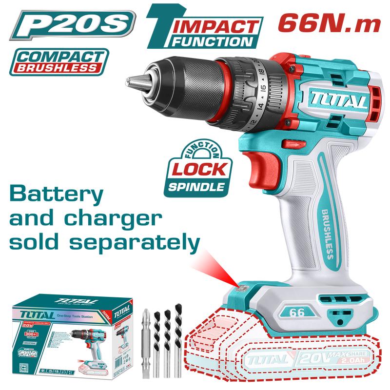 TOTAL 20V Cordless Brushless Impact Drill – 66Nm, No Battery