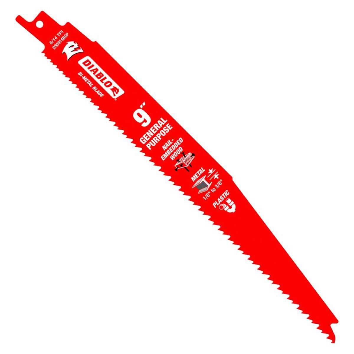 Diablo DS0914BGP15 Reciprocating Saw Blade, Applicable Materials: Clean Wood, Metal, 1 in W, 9 in L, 8, 14 TPI, 15/PK