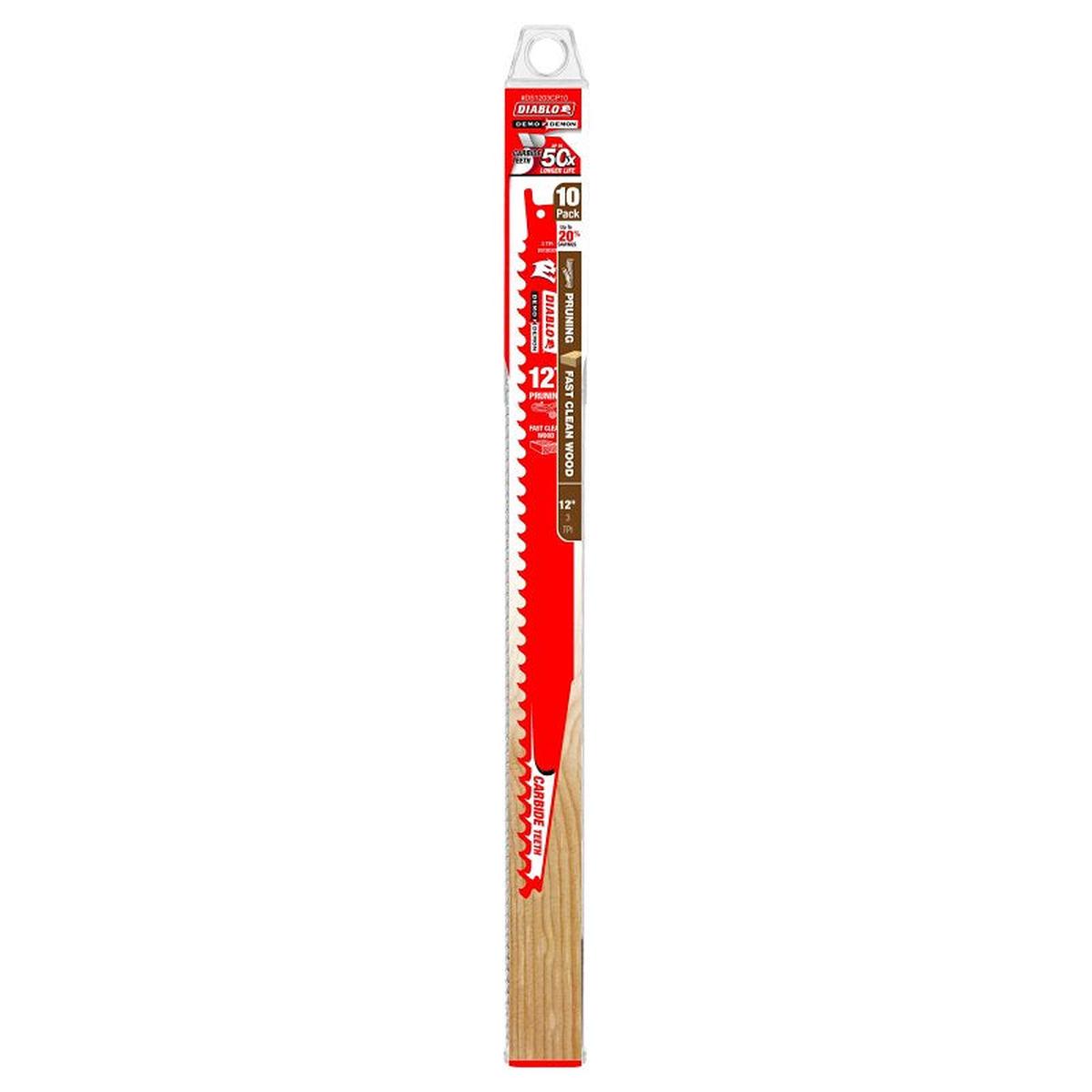Diablo Demo Demon DS1203CP10 Reciprocating Saw Blade, Applicable Materials: Clean Wood, 1 in W, 12 in L, 3 TPI, 10/PK