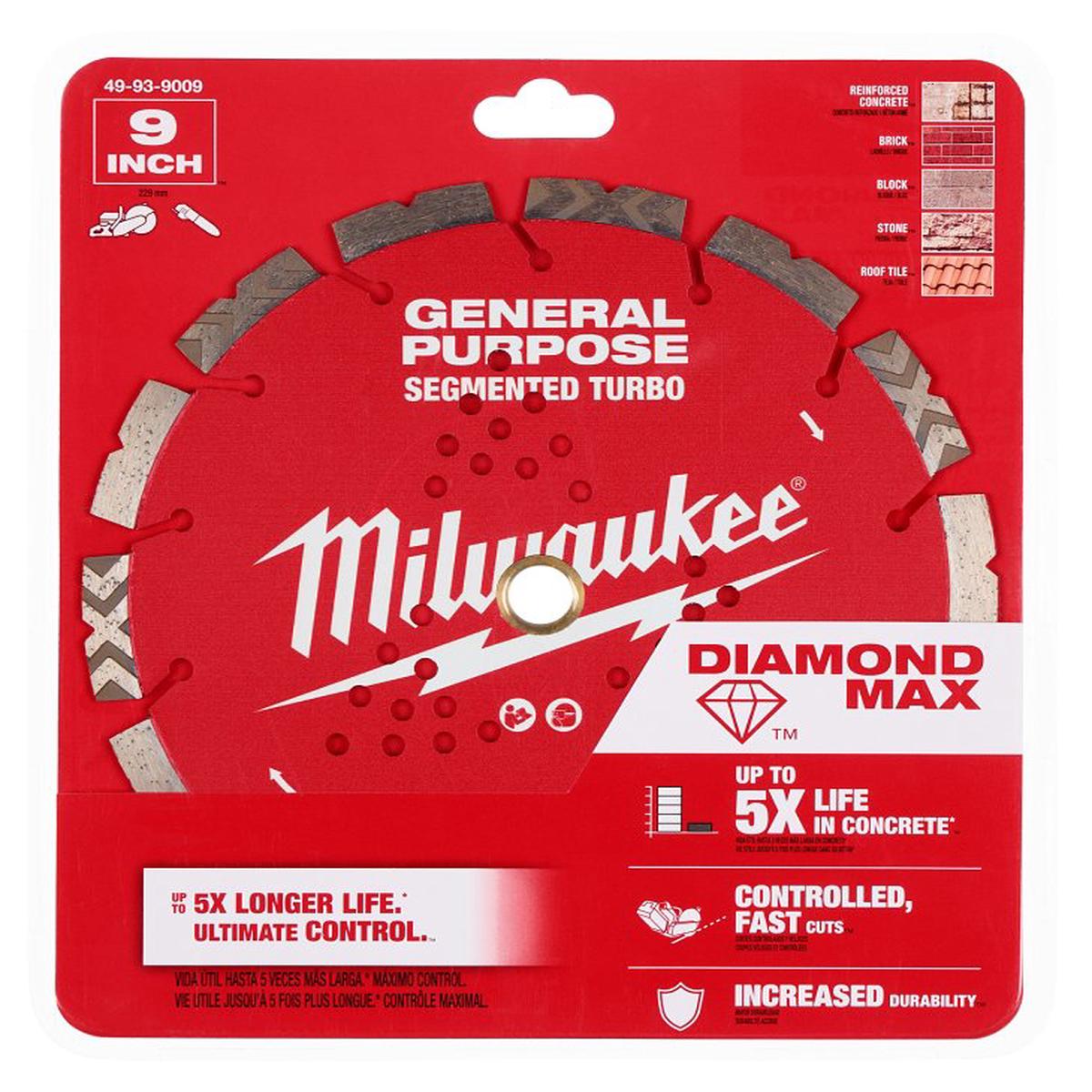 Milwaukee DIAMOND MAX 49-93-9009 Turbo General-Purpose Saw Blade, 9 in Dia, 7/8 in-5/8 in Arbor, Segmented Rim