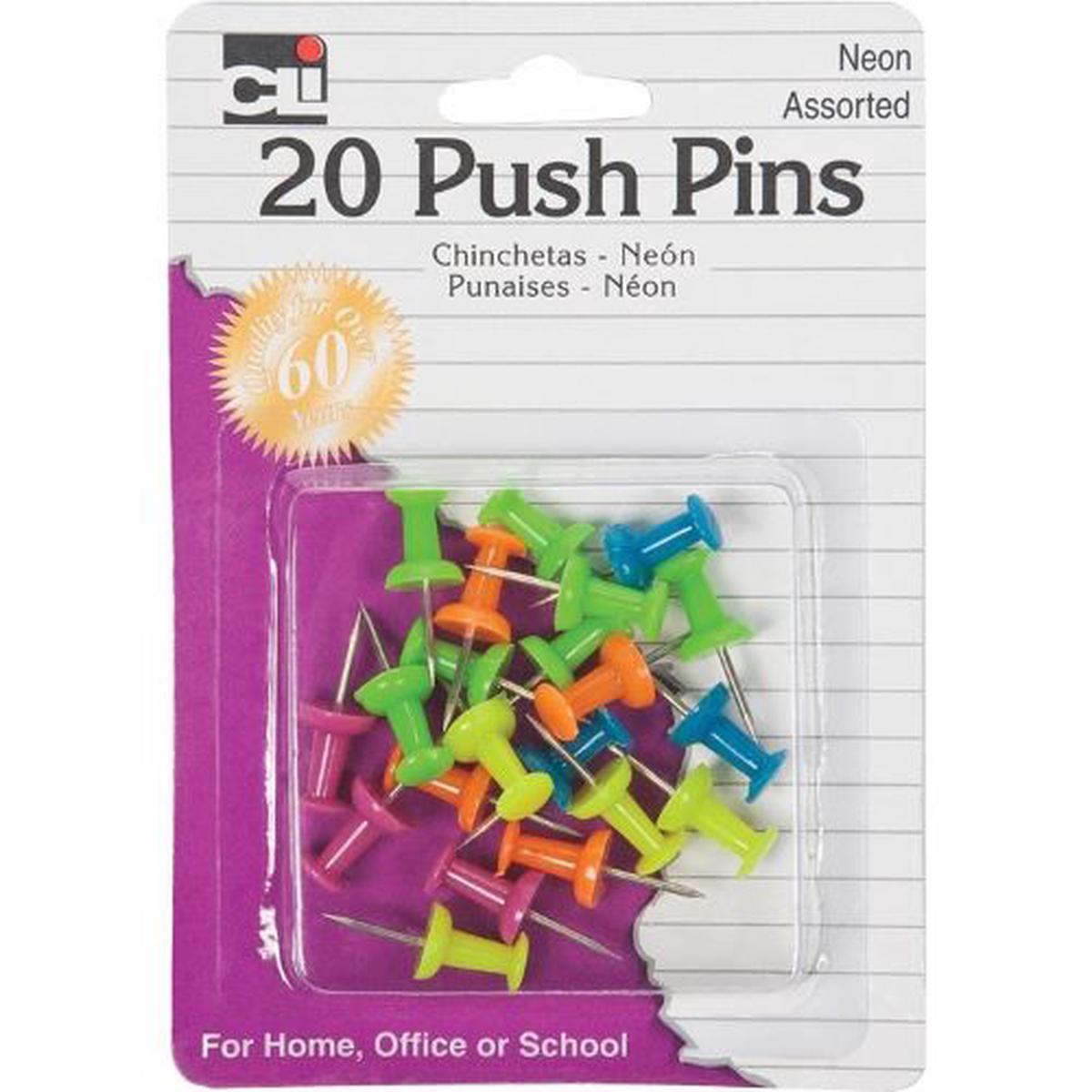 Charles Leonard Push Pins - Neon .44In 20Pk Bp