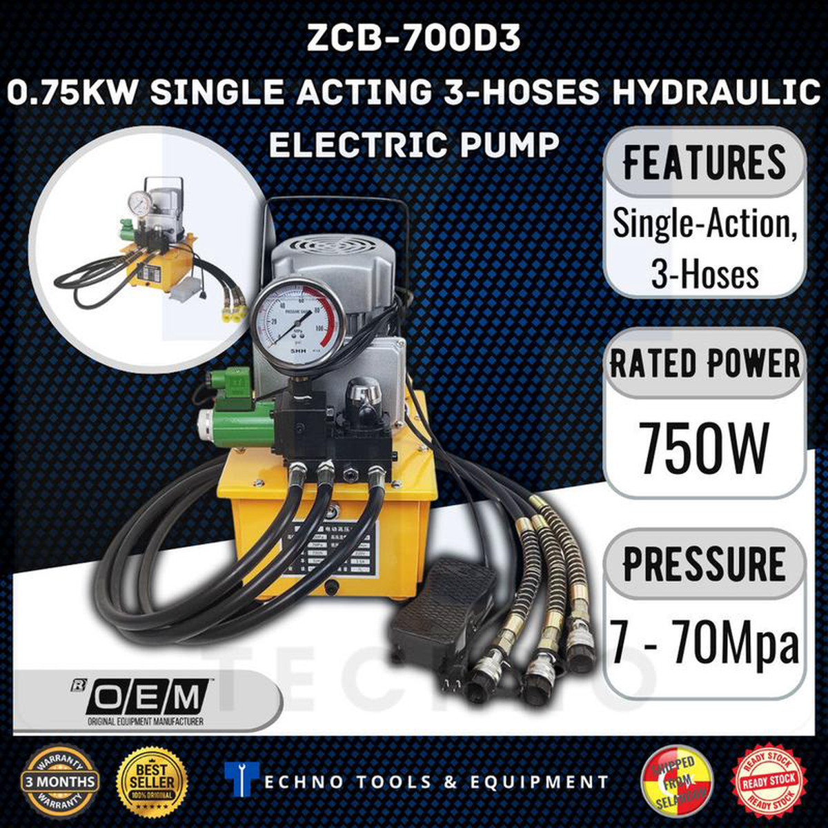 ZCB-700D3 Single Acting 3-Hoses Hydraulic Electric Pump 750W 220V 7L