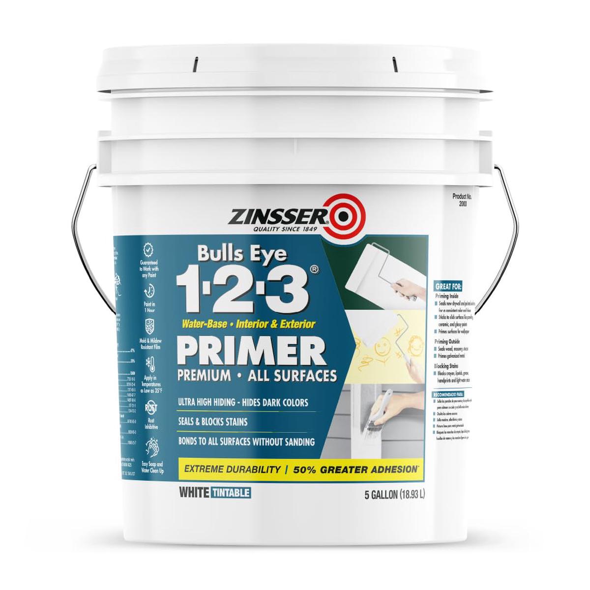 Zinsser 2000 Bulls Eye 1-2-3 Water-Base Primer, 5 Gallon, White, 640 Fl Oz